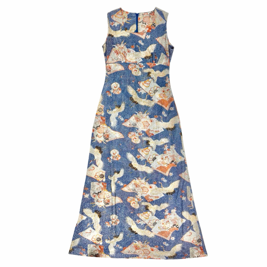 1970S JOHNNYE MADE IN USA BLUE METALLIC LUREX CRANE &amp; FAN MATCHING 2-PIECE SET MAXI DRESS &amp; TIE CROP TOP MEDIUM