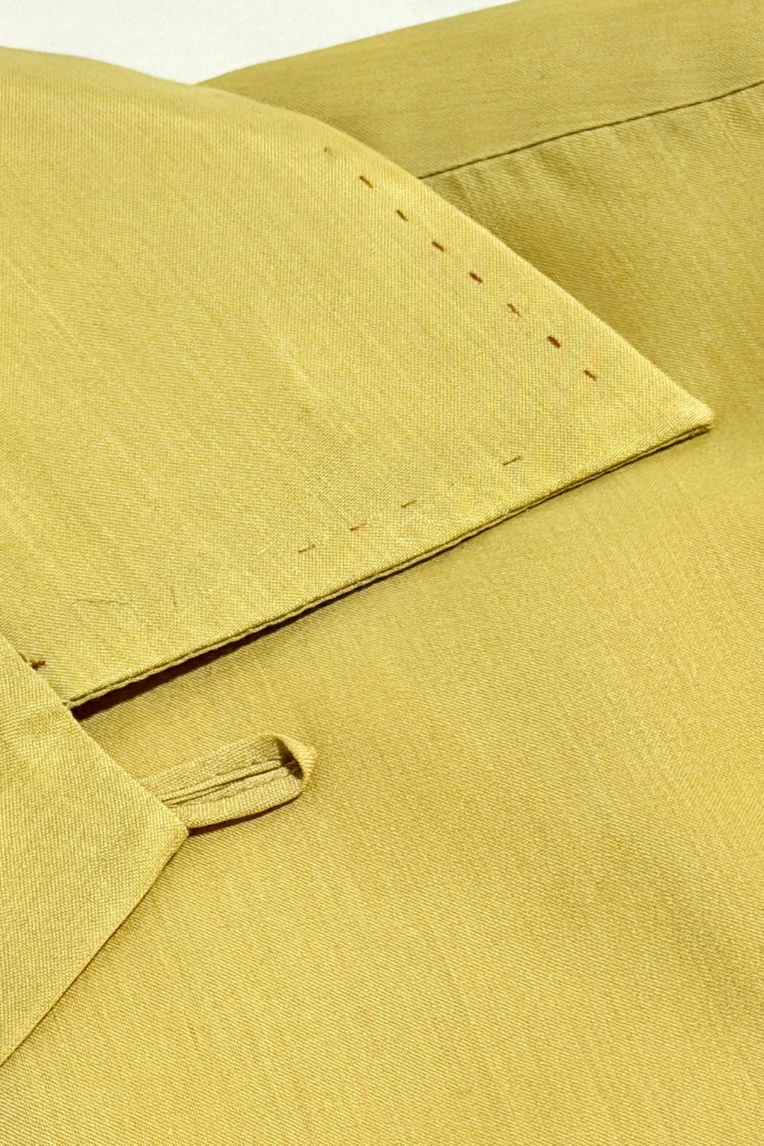 1960’S ARISTOCRAT MADE IN USA FADED &amp; REPAIRED CROPPED SELVEDGE EMBROIDERED YELLOW SATIN LOOP COLLAR S/S B.D. SHIRT LARGE