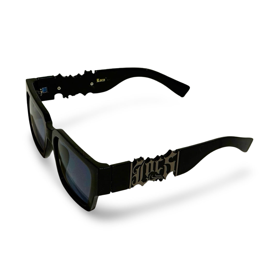 2000’S LOCS OLD ENGLISH THICK BLACK ACETATE WRAPAROUND FRAME WITH BLACK LENSE SUNGLASSES