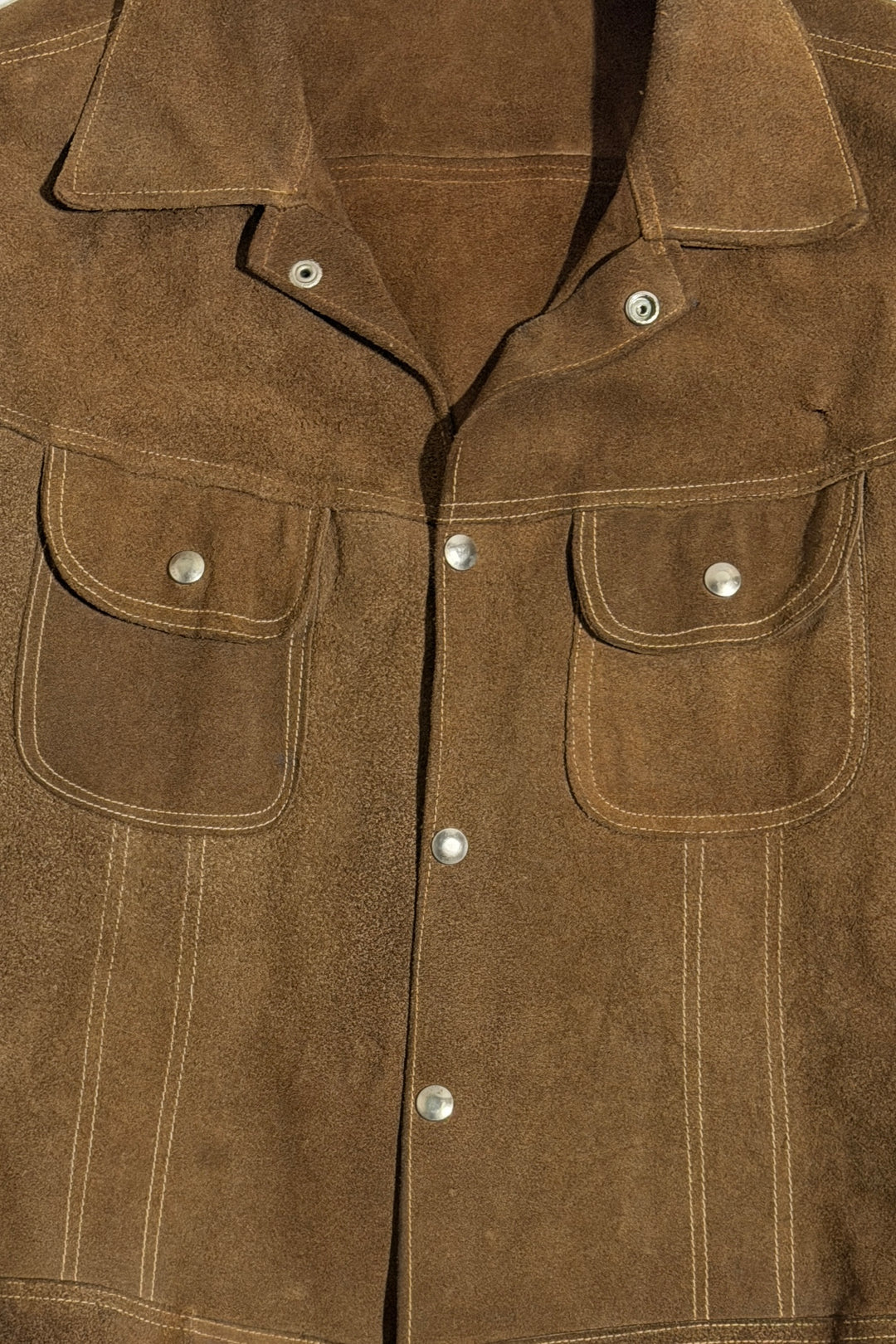 1960’S TOBACCO SUEDE MADE IN USA THRASHED &amp; FADED CROPPED WESTERN TRUCKER JACKET LARGE