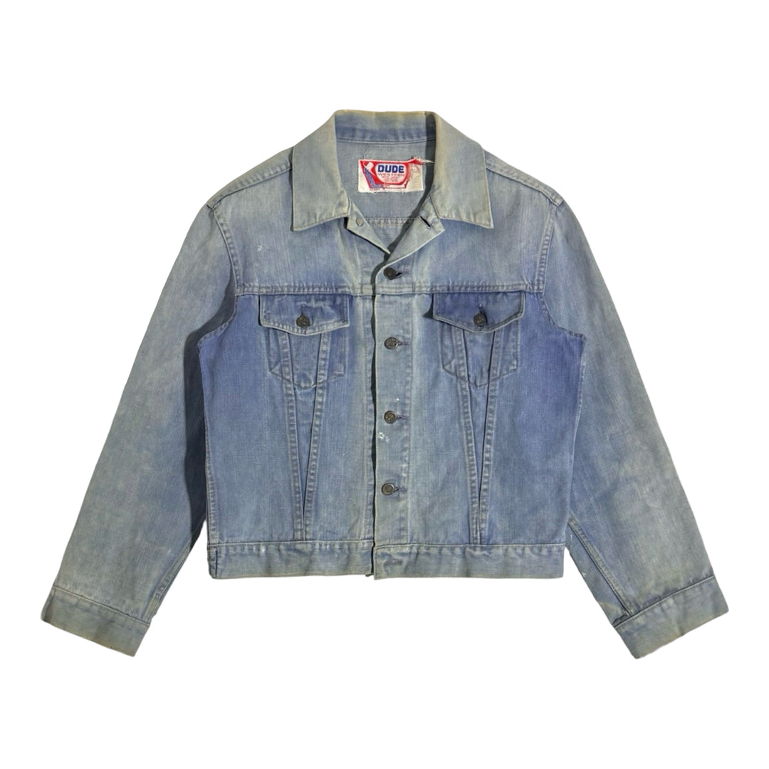 1970’S DUDE WESTERN MADE IN USA THRASHED & REPAIRED CROPPED LIGHT WASH DENIM TRUCKER JACKET LARGE
