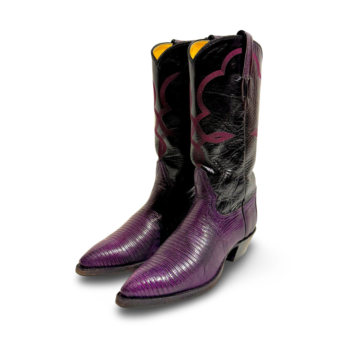 1970’S LARRY MAHAN MADE IN USA PURPLE LIZARD LEATHER CONTRAST BLACK EMBROIDERED POINTED TOE WESTERN COWBOY BOOTS WOMEN’S 7.5