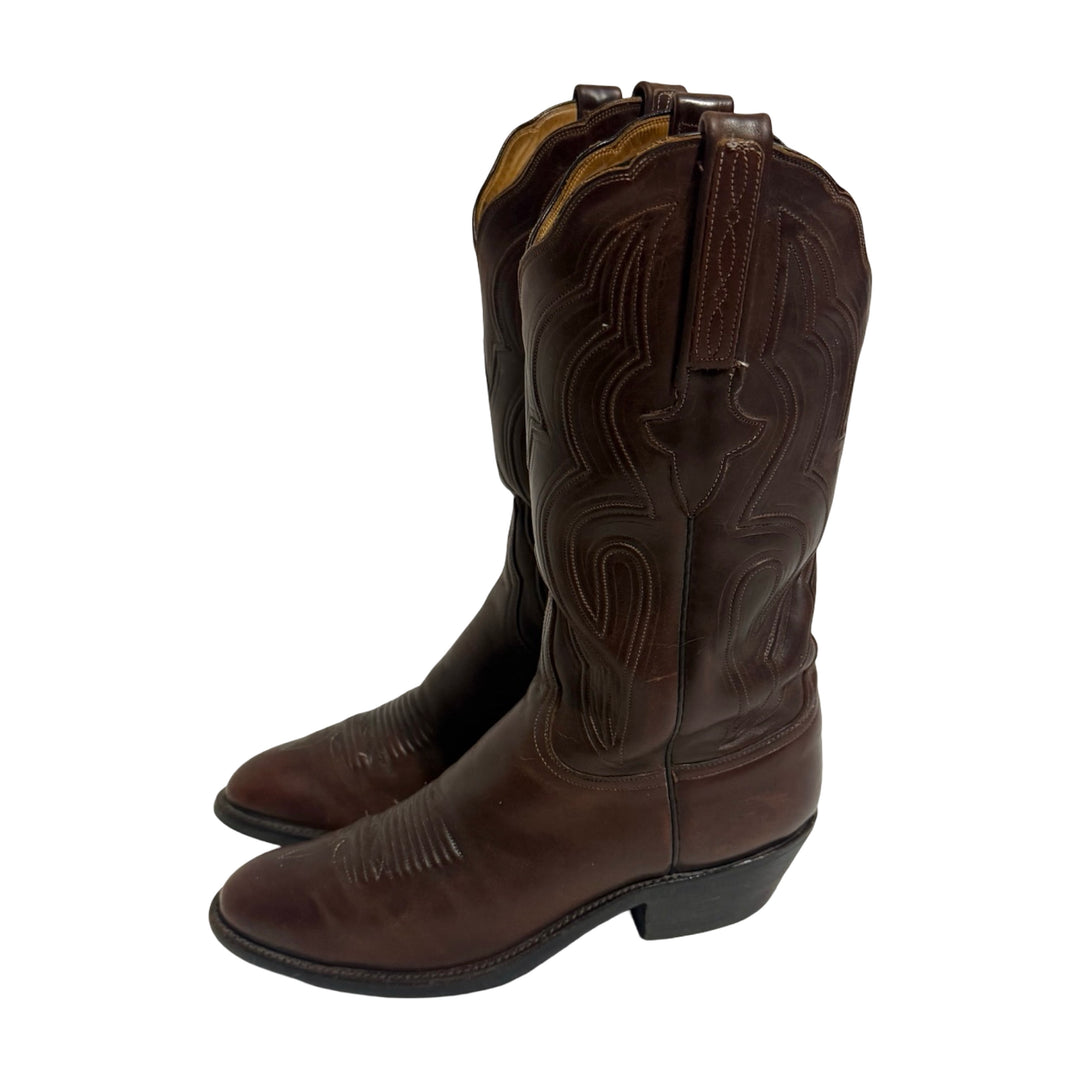 1990’S LUCCHESE CLASSICS HANDMADE IN USA EMBROIDERED BROWN LEATHER COWBOY BOOTS 8.5