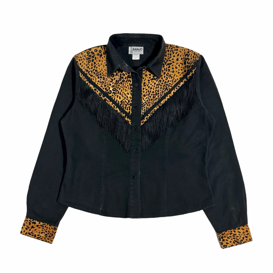 1990’S BANJO DALLAS TEXAS MADE IN USA BLACK COTTON FRINGED LEOPARD PRINT WESTERN L/S B.S. SHIRT WOMEN’S MEDIUM/LARGE
