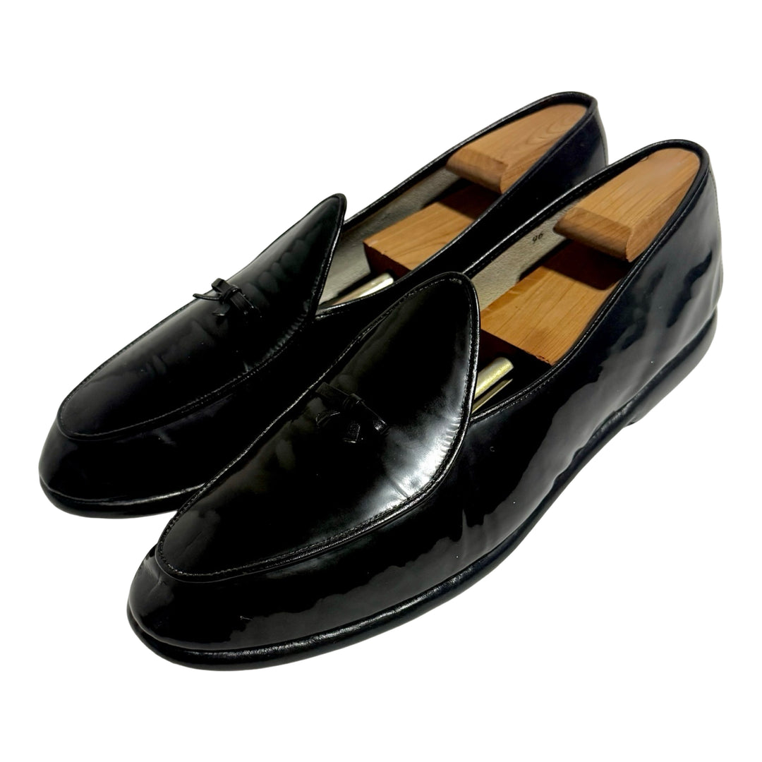 1980’S BELGIAN SHOES MADE IN BELGIUM PATENT LEATHER BOW TIE TUXEDO SLIPPERS US 11 / UK 12