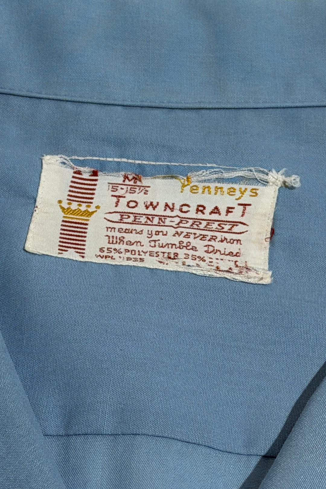 1960’S PENNEY’S TOWNCRAFT MADE IN USA CROPPED SELVEDGE SKY BLUE LOOP COLLAR S/S B.D. SHIRT LARGE