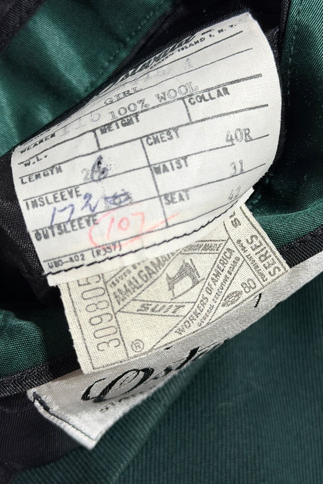 1940’S OSTWALD UNIFORMS NEW YORK UNION MADE IN USA DARK GREEN SATIN SHAWL COLLAR WHIPCORD WOOL TWILL TUXEDO JACKET MEDIUM