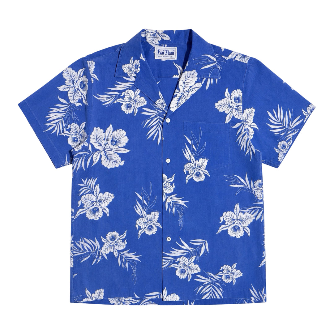 1970’S KAI NANI MADE IN USA CROPPED SELVEDGE HAWAIIAN PRINT S/S B.D. SHIRT LARGE