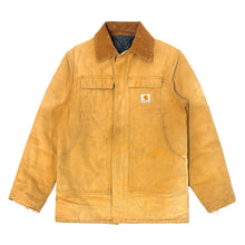 Load image into Gallery viewer, 1990’S CARHARTT UNION MADE IN USA FADED CORDUROY COLLAR DUCK CANVAS WORKWEAR JACKET LARGE
