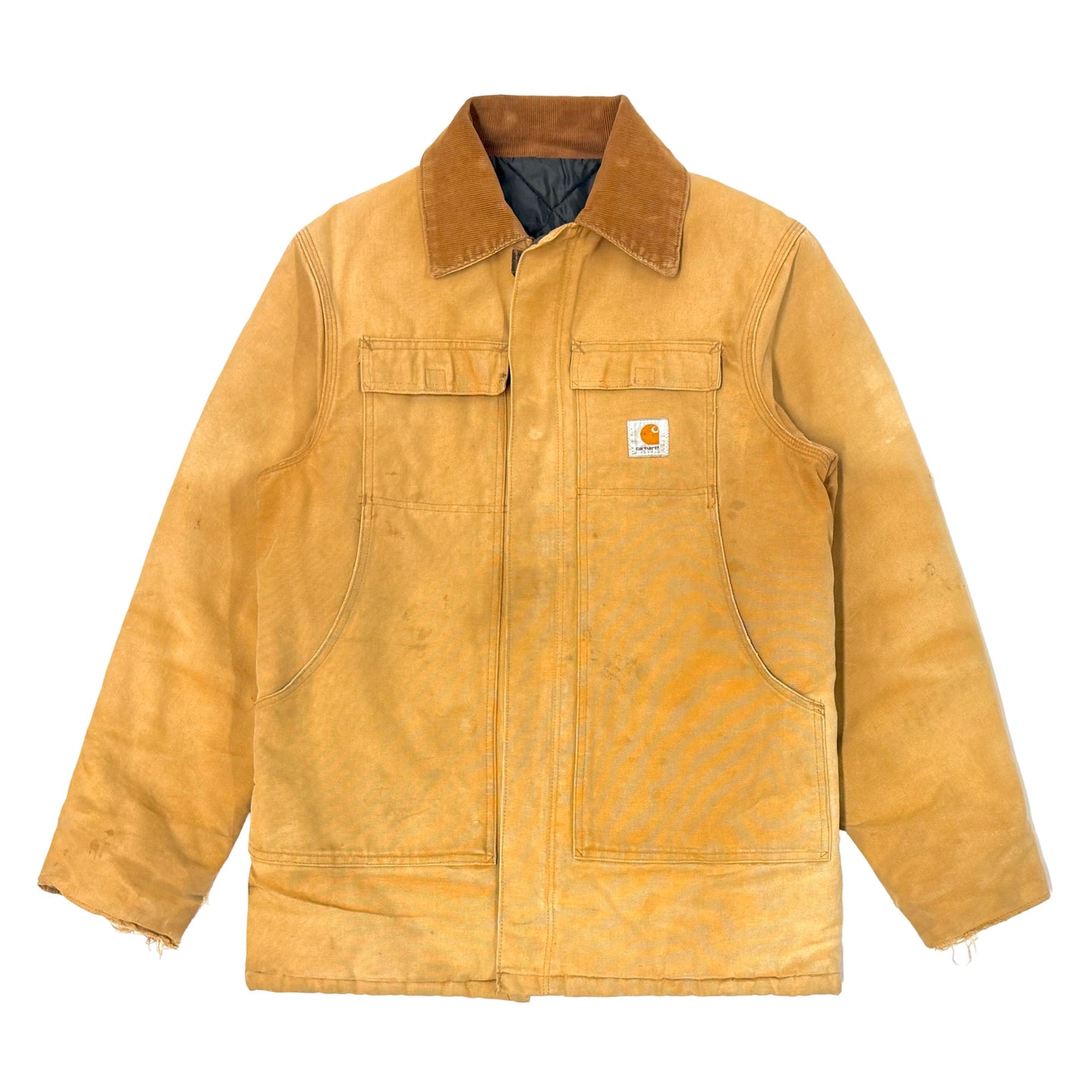 1990’S CARHARTT UNION MADE IN USA FADED CORDUROY COLLAR DUCK CANVAS WORKWEAR JACKET LARGE