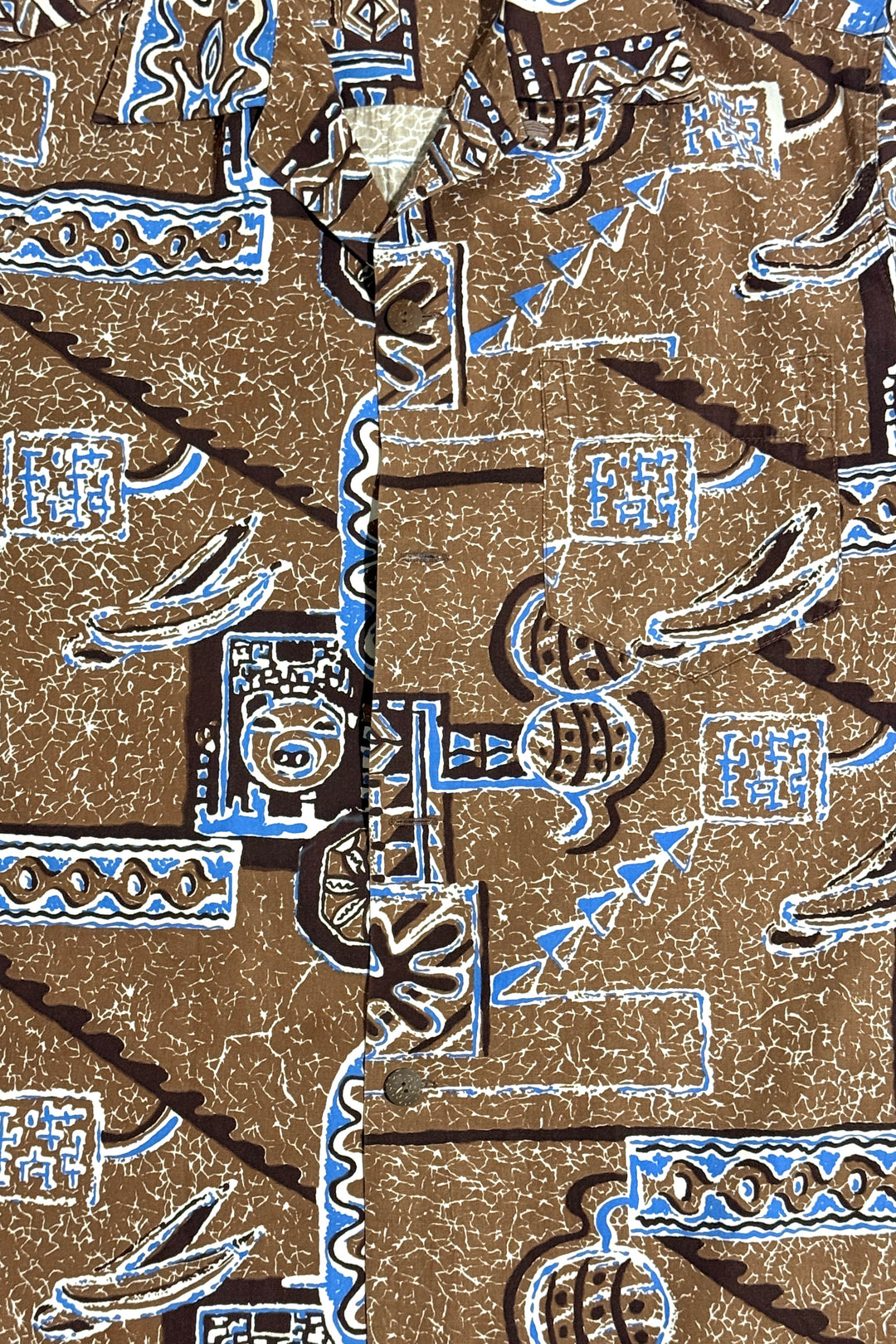 1950’S SHAHEEN’S OF HONOLULU MADE IN USA CROPPED SELVEDGE SURF N’ SAND HANDPRINTS S/S B.D. HAWAIIAN SHIRT LARGE