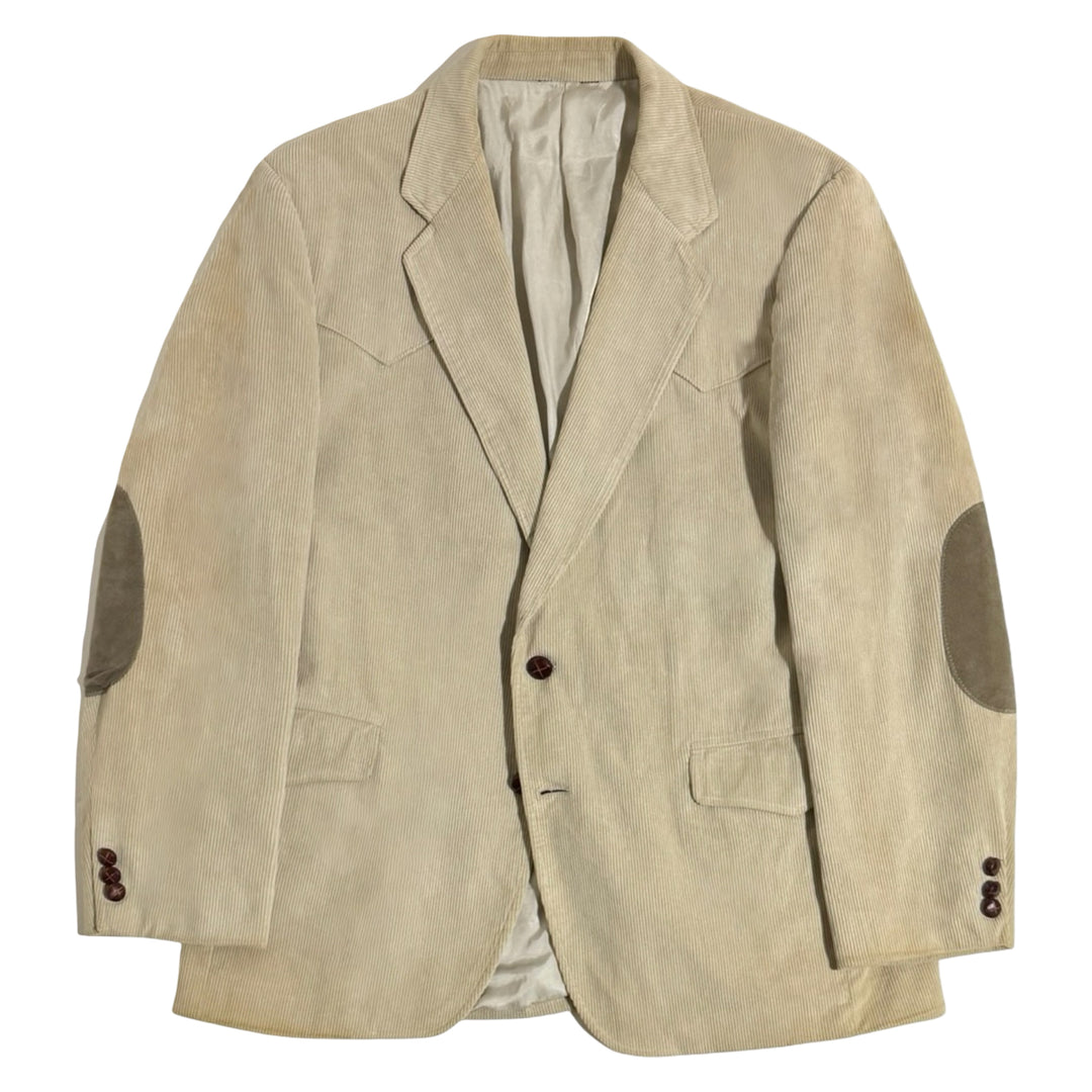 1990’S SHEPLER’S MADE IN USA LIGHT TAN CORDUROY ELBOW PATCHED WESTERN SUIT JACKET 44R