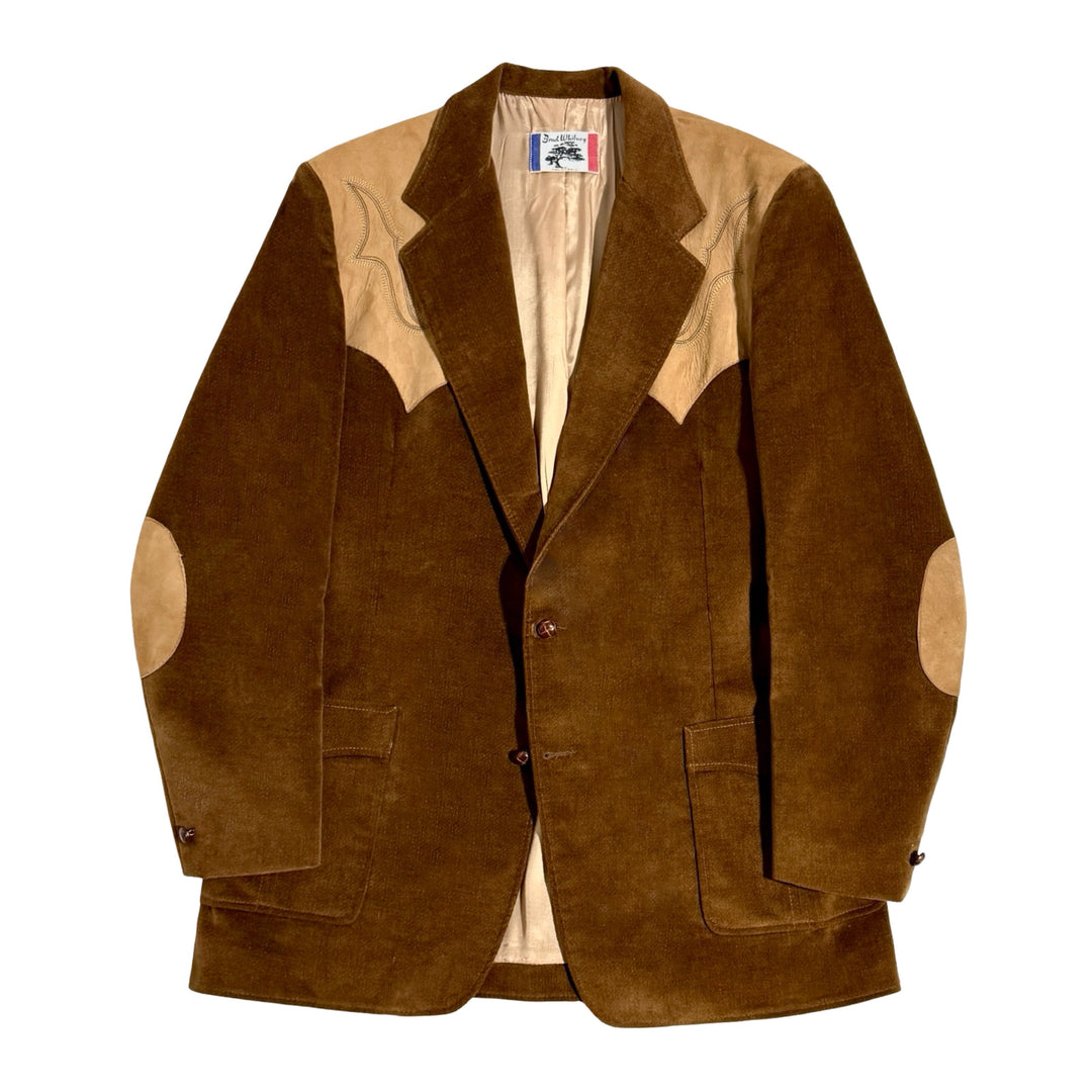 1970’S BRAD WHITNEY MADE IN USA WESTERN EMBROIDERED SUEDE LEATHER YOKE VELOUR BLAZER SUIT JACKET 44R
