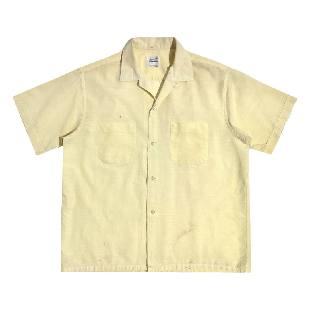 1940’S PENNEY’S TOWNCRAFT MADE IN USA THRASHED &amp; FADED CROPPED SELVEDGE YELLOW LOOP COLLAR S/S B.D. SHIRT X-LARGE