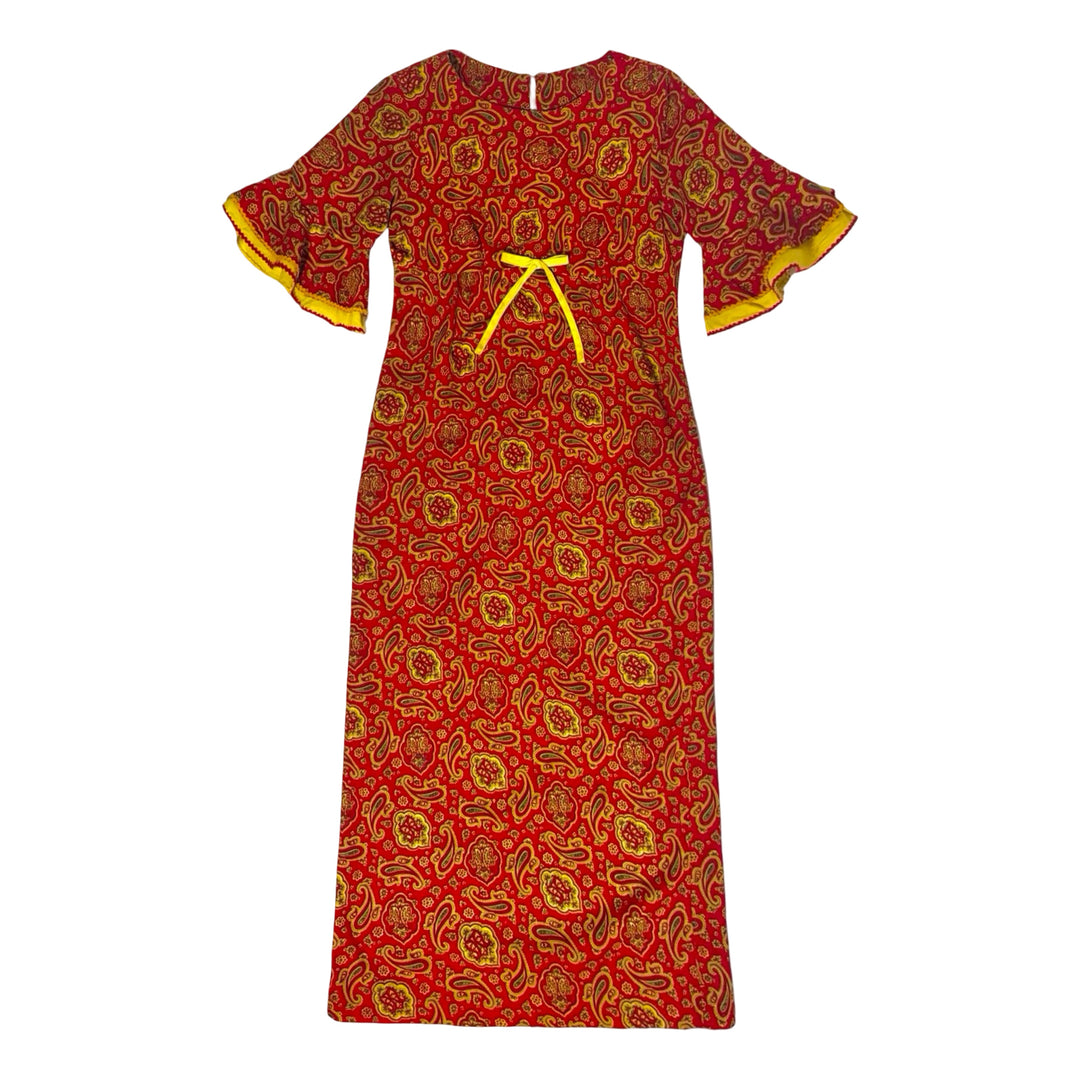 1970S PSYCHEDELIC PRAIRIE FOLK CRIMSON PAISLEY EMPIRE WAIST CONTRASTING TRIM FLUTTER SLEEVE DRESS MEDIUM