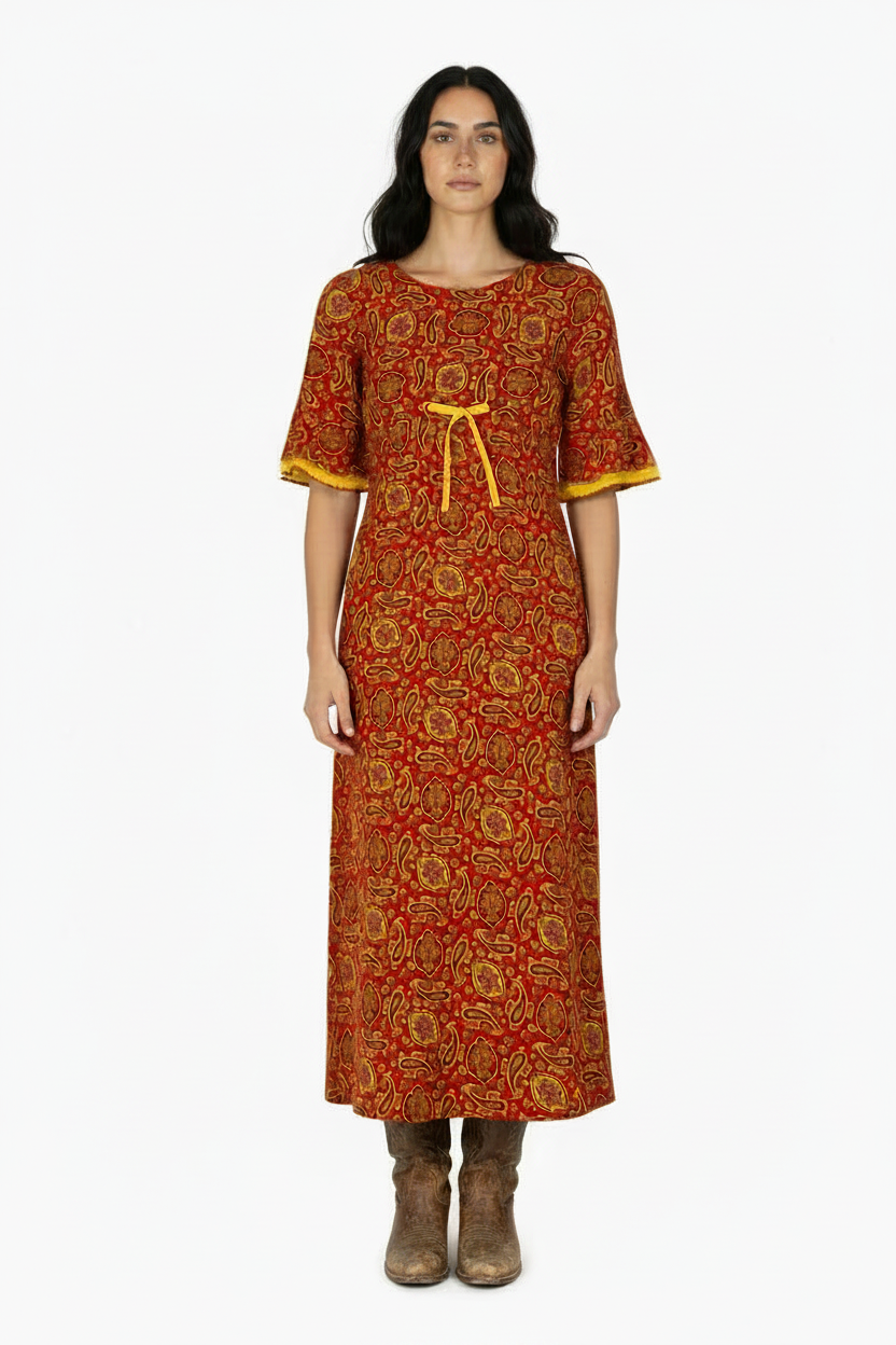 1970S PSYCHEDELIC PRAIRIE FOLK CRIMSON PAISLEY EMPIRE WAIST CONTRASTING TRIM FLUTTER SLEEVE DRESS MEDIUM