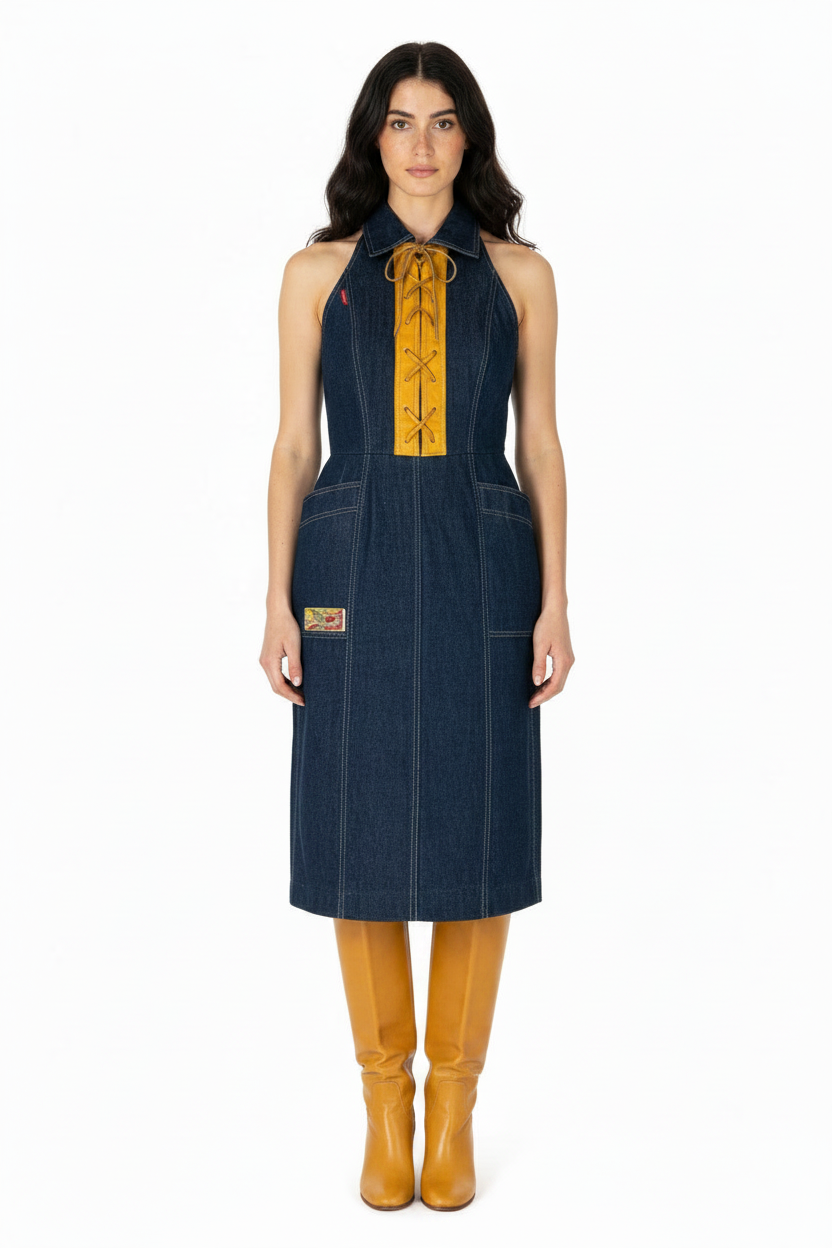 1970’S FIORUCCI SAFETY JEANS MADE IN ITALY DARK WASH DENIM &amp; NATURAL LEATHER DETAIL LACE-UP HALTER DRESS IT 40 / WOMEN’S X-SMALL