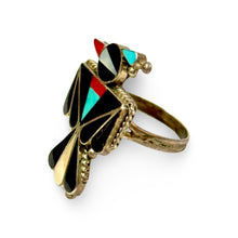 Load image into Gallery viewer, 1950’S ZUNI PEYOTE BIRD .925 STERLING SILVER ONYX MOP CORAL TURQUOISE RING SIZE 6
