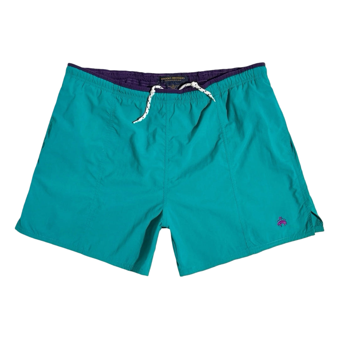 1990’S BROOKS BROTHERS MADE IN USA EMBROIDERED FLEECE LOGO CONTRAST 6” SWIM TRUNKS SHORTS LARGE