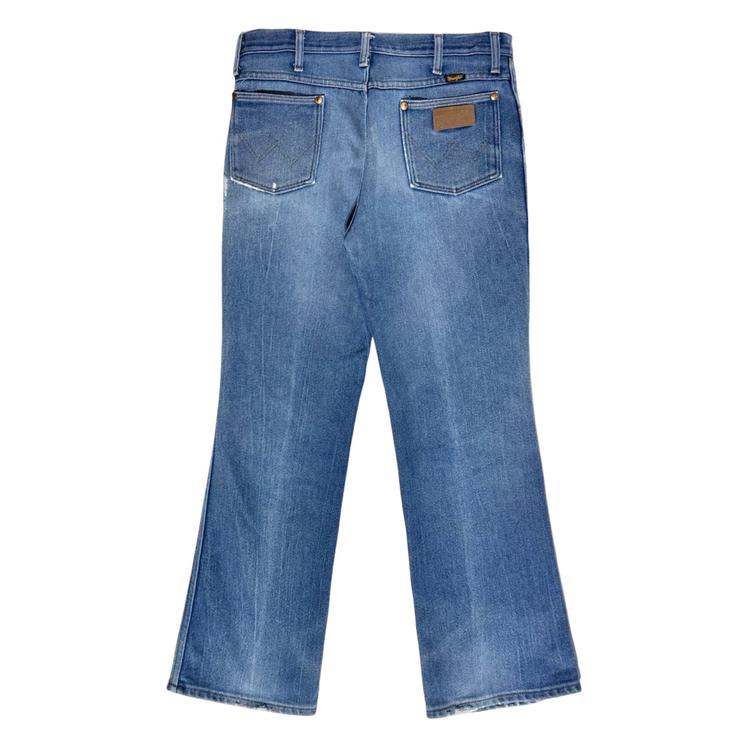 1970’S WRANGLER 937 MADE IN USA THRASHED &amp; FADED LIGHT WASH WESTERN DENIM JEANS 32 X 30