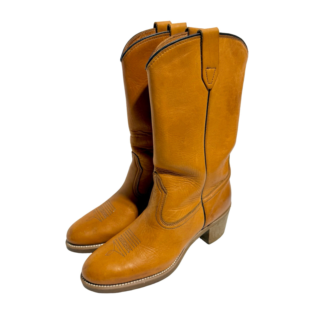 1970’S DEADSTOCK WOLVERINE MADE IN USA BENCHMADE VIBRAM SOLE NATURAL LEATHER COWBOY ROPER WORK BOOTS 9.5