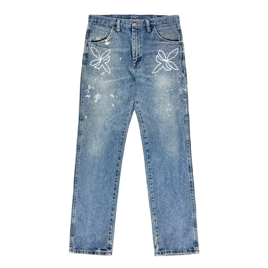 MASK X RUSTLER HAND CHAINSTITCHED WESTERN MADE IN USA THRASHED & FADED LIGHT WASH COWBOY CUT DENIM JEANS 34 X 30