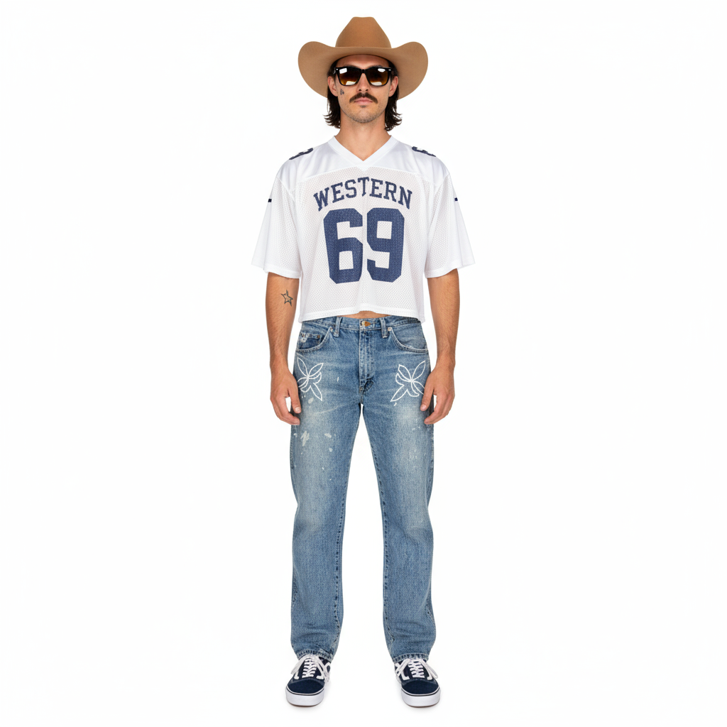 MASK X RUSTLER HAND CHAINSTITCHED WESTERN MADE IN USA THRASHED & FADED LIGHT WASH COWBOY CUT DENIM JEANS 34 X 30