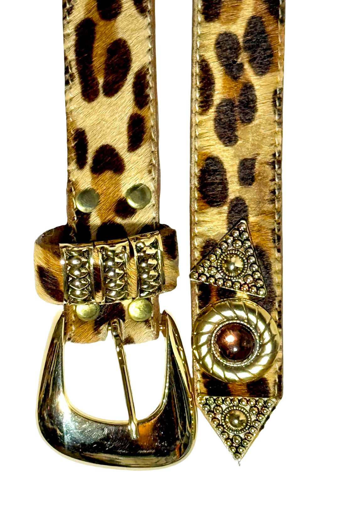 1970’S LEATHEROCK SAN DIEGO MADE IN USA LEOPARD PRINT PONY HAIR JEWELED LEATHER BELT 32