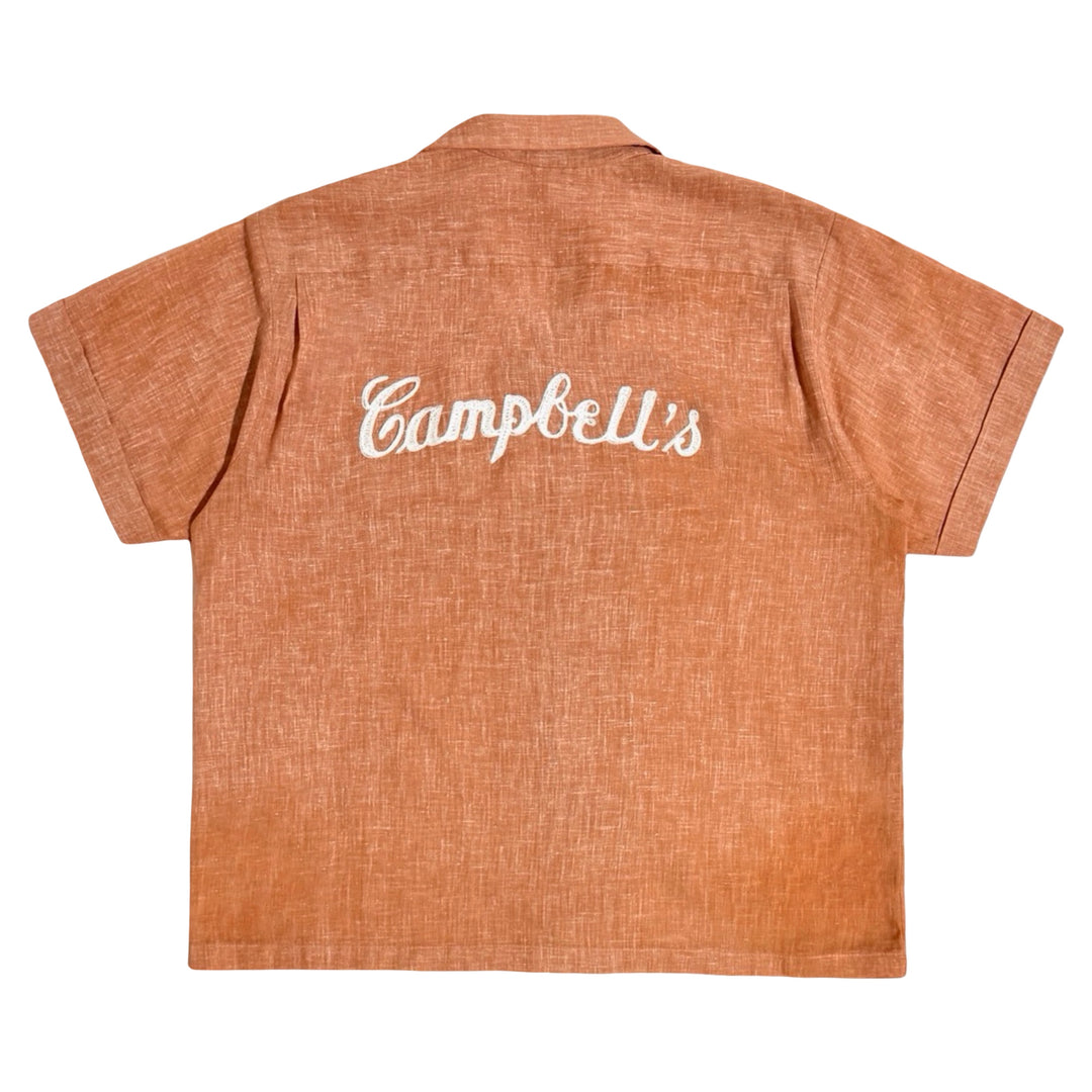 1960’S OLYMPIAN MADE IN USA CROPPED SELVEDGE TANGERINE LINEN BLEND “CAMPBELL’S” CHAINSITCHED LOOP COLLAR S/S B.D. BOWLING SHIRT X-LARGE