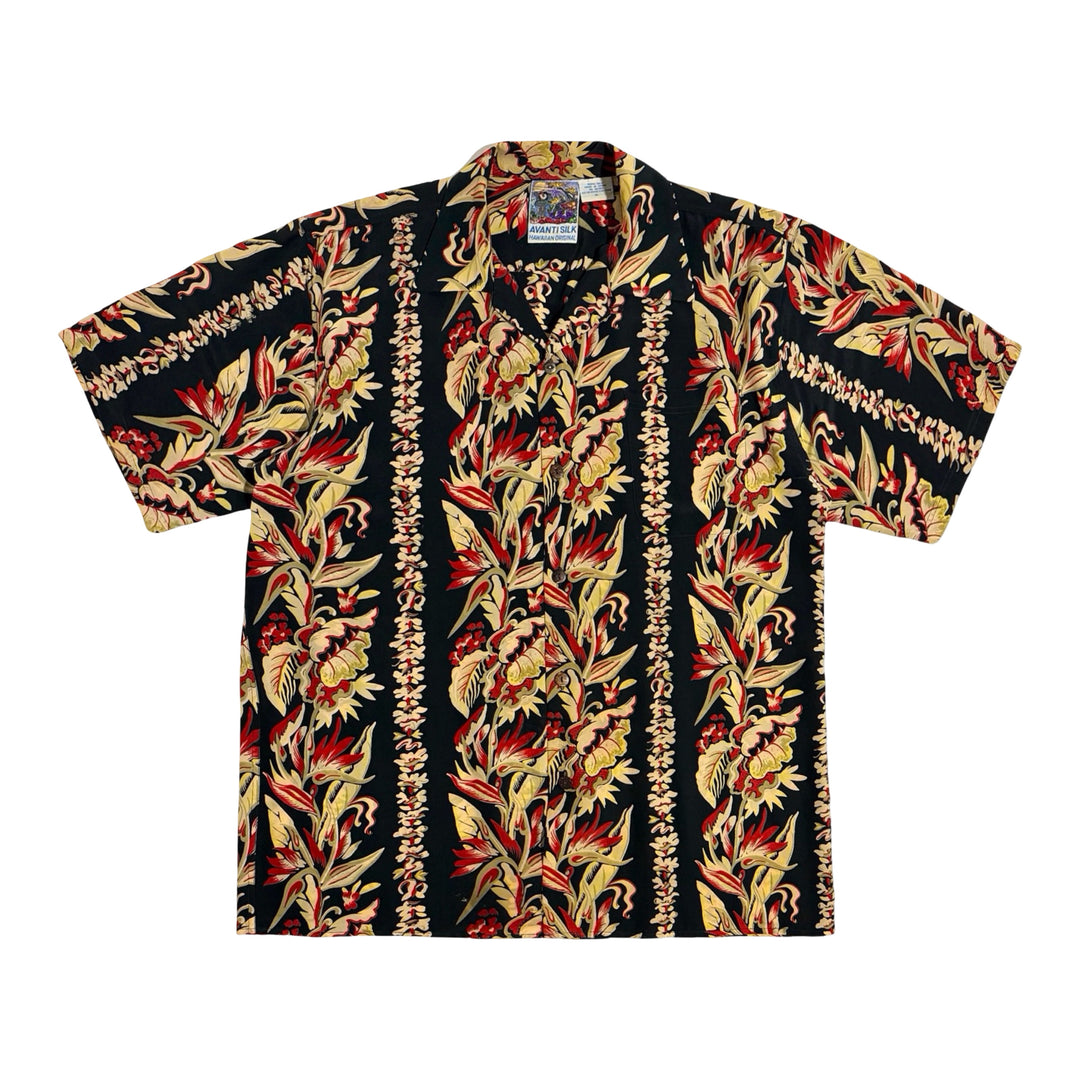 1990’S AVANTI SILK PRINTED 100% SILK HAWAIIAN S/S B.D. SHIRT X-LARGE
