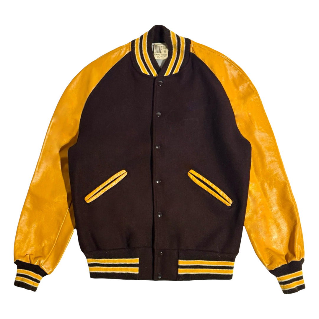 1970’S HOWE MEMPHIS MADE IN USA CROPPED WOOL & LEATHER VARSITY JACKET LARGE
