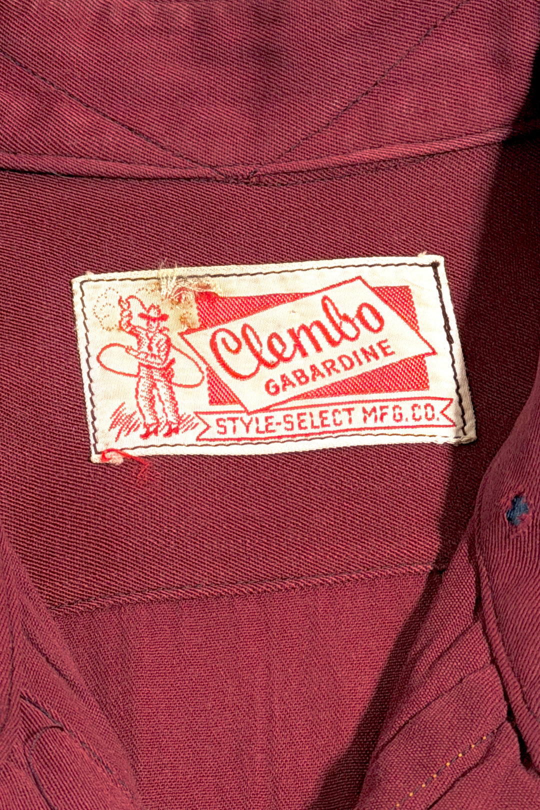 1950’S CLEMBO MADE IN USA “RUM RIVER SADDLE CLUB” CHAINSTITCHED SATIN CONTRAST YOKE GABARDINE WESTERN MOTHER OF PEARL SNAP L/S B.D. SHIRT X-LARGE