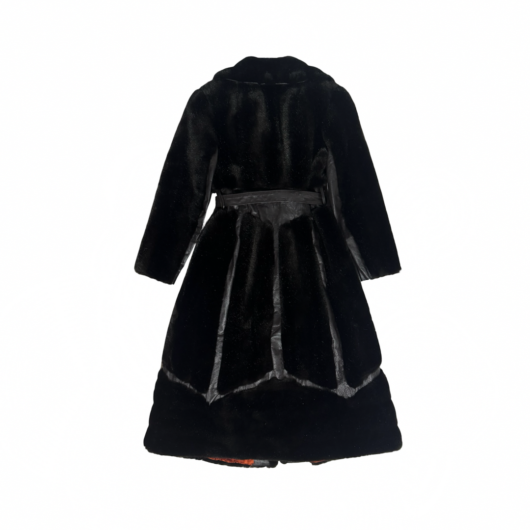1970’S JET SET OF CALIFORNIA TISSAVEL BLACK FAUX FUR &amp; LEATHER BELTED COAT EXTRA SMALL/SMALL