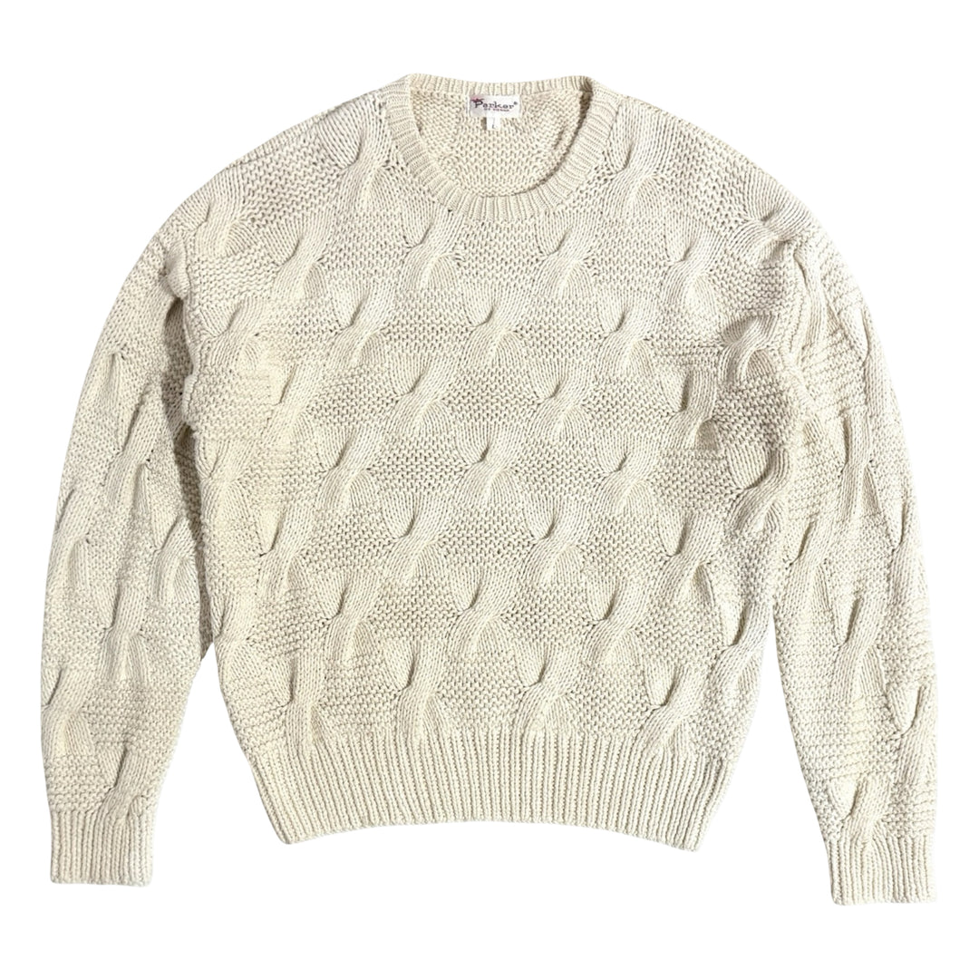 1960’S PARKER OF VIENNA MADE IN USA CABLE KNIT HAND FRAMED CREWNECK SWEATER LARGE