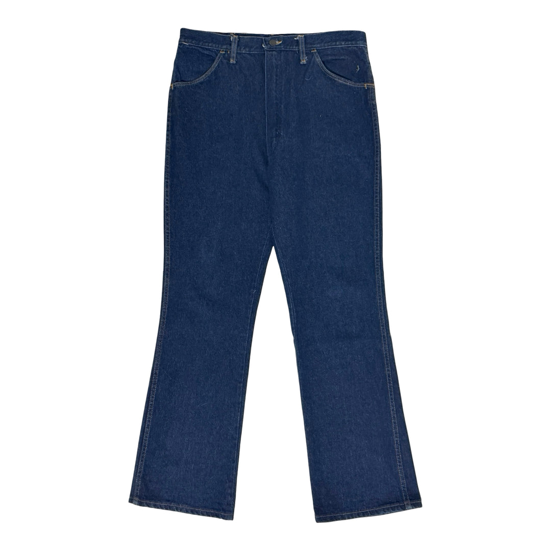 1970’S RUSTLER YELLOW LABEL MADE IN USA DARK RAW DENIM WESTERN BOOTCUT JEANS 36 X 32