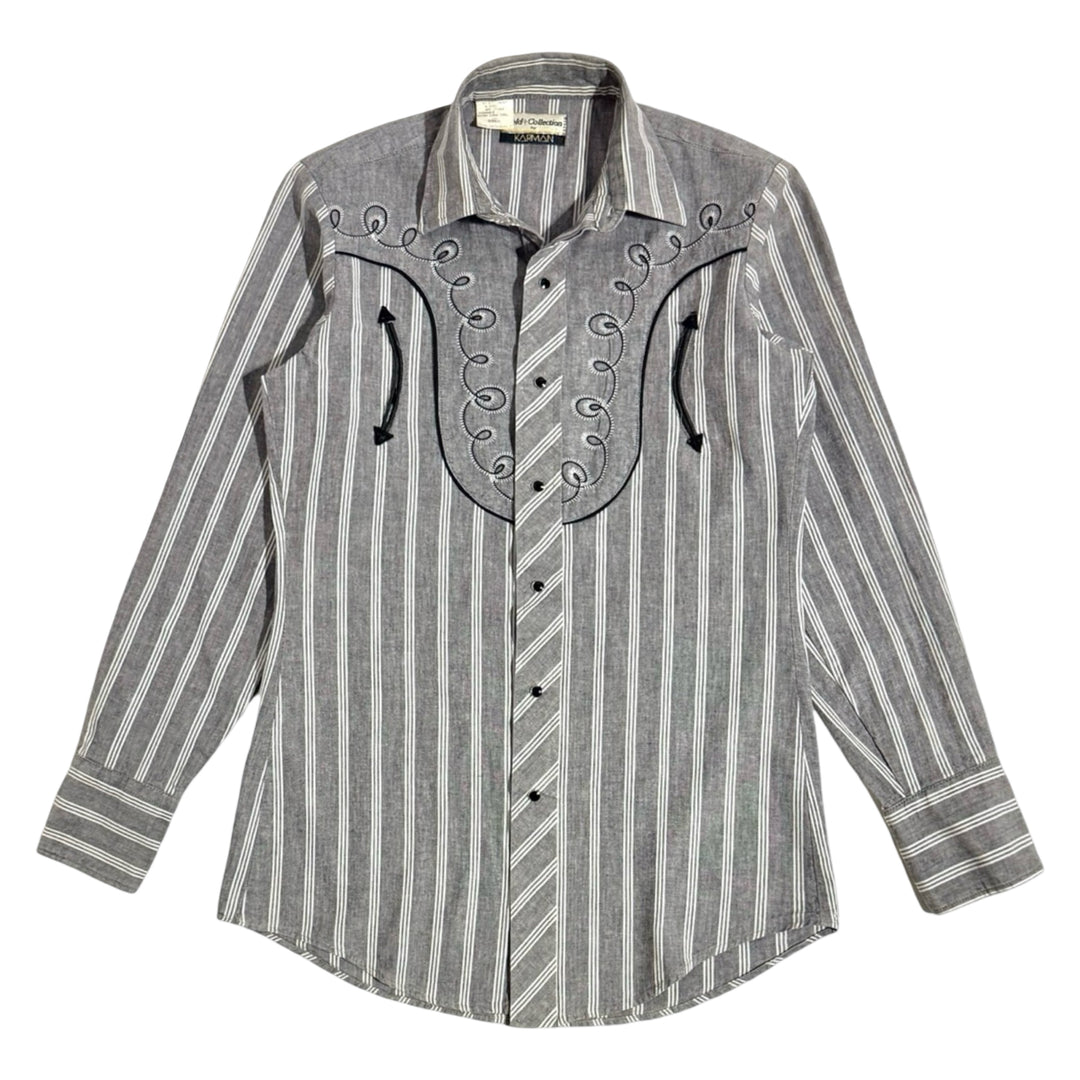 1990’S KARMAN MADE IM USA STRIPED EMBROIDERED SMILE POCKET PEARL SNAP WESTERN L/S B.S. SHIRT SMALL