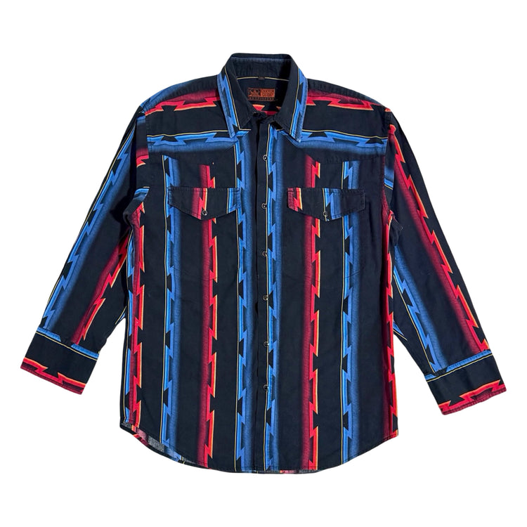 1990's Canyon Guide Outfitters black lightning bolt western snap shirt front
