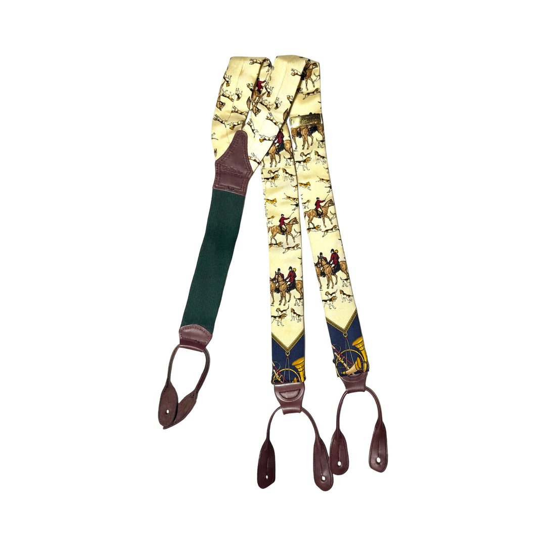 1970’S POLO RALPH LAUREN MADE IN ENGLAND FOX HUNT PRINTED SILK AND LEATHER BRACES