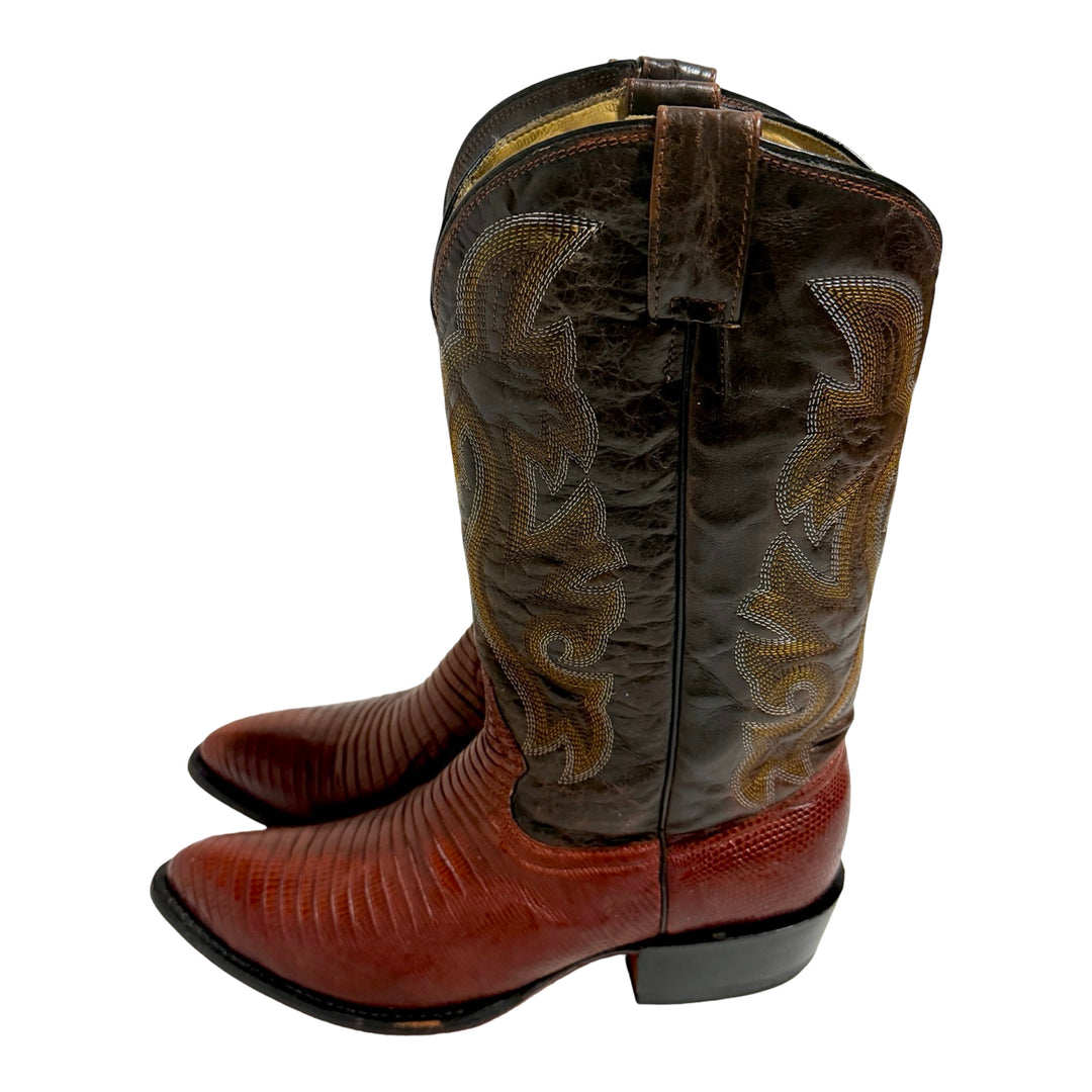 1990’S OXBLOOD LIZARD CONTRAST EMBROIDERED COWBOY BOOTS 10