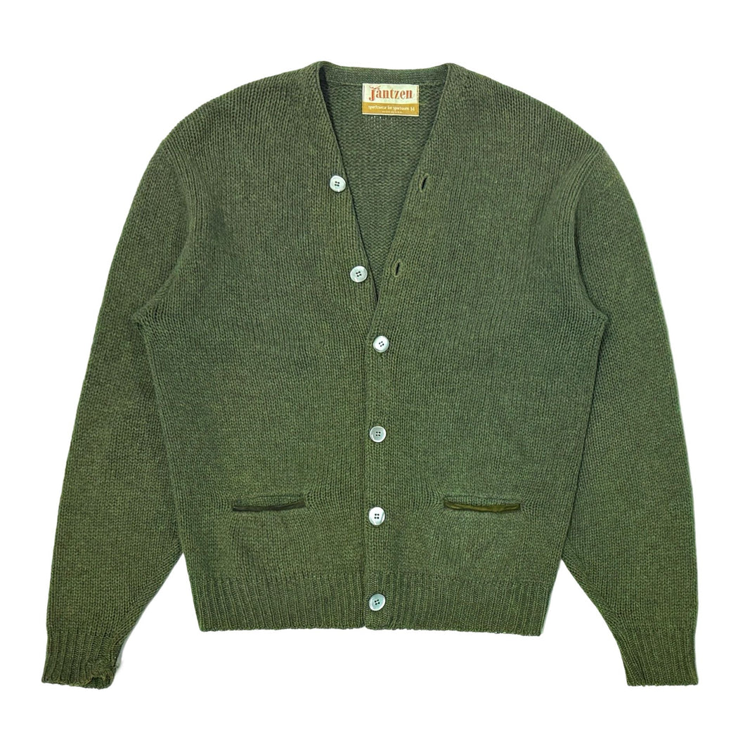 1960’S JANTZEN MADE IN USA CROPPED MARLED GREEN SUEDE ACCENT WOOL CARDIGAN SWEATER LARGE