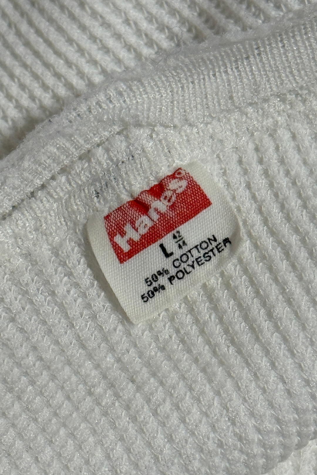 1970’S HANES MADE IN USA THRASHED WAFFLE KNIT THERMAL L/S SHIRT LARGE