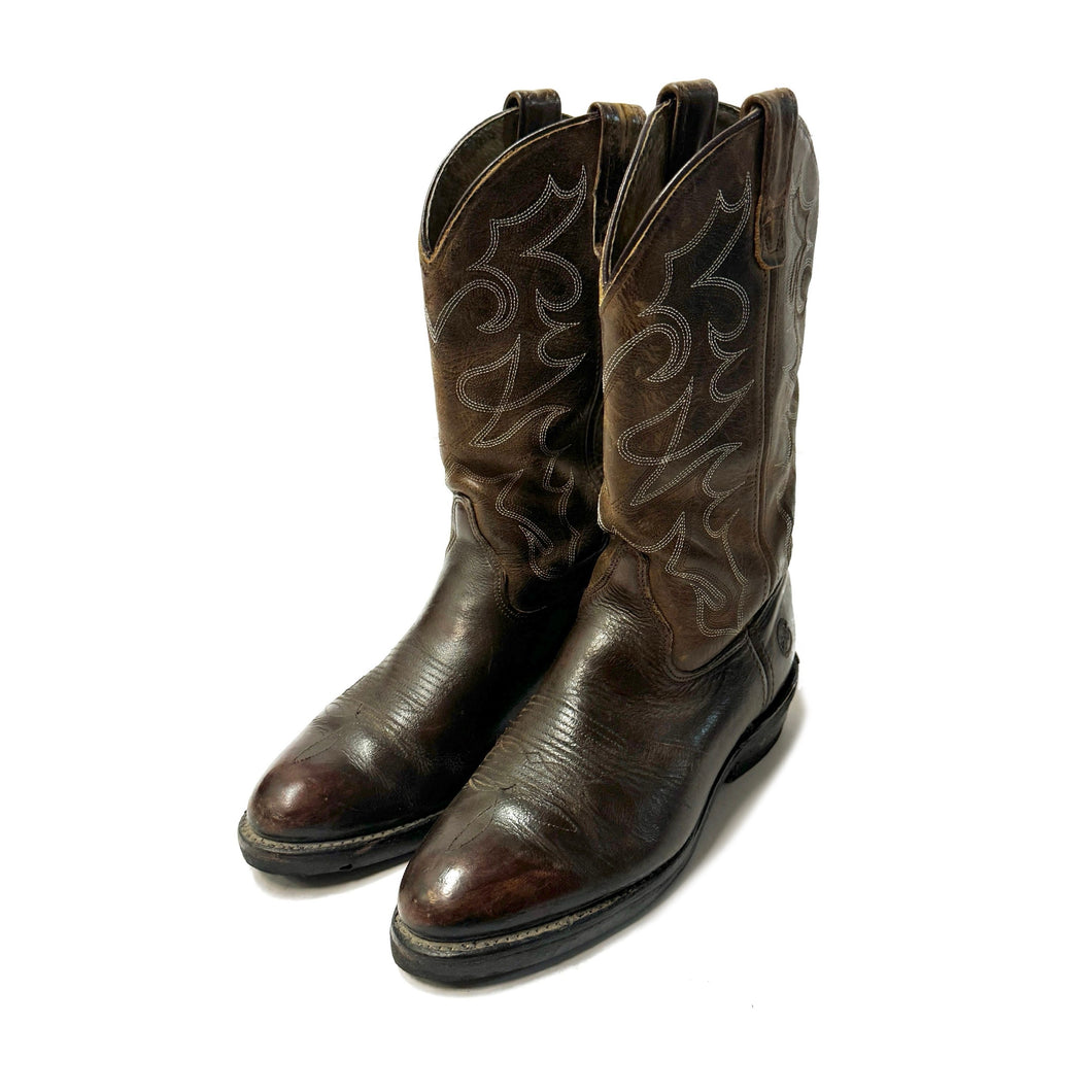 1990’S DOUBLE H MADE IN USA EMBROIDERED BROWN COWBOY BOOTS M8.5 W9.5