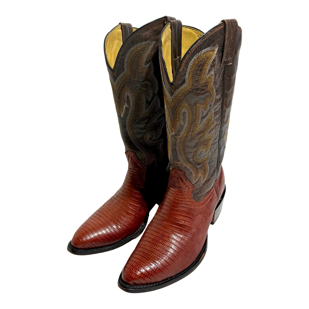 1990’S OXBLOOD LIZARD CONTRAST EMBROIDERED COWBOY BOOTS 10