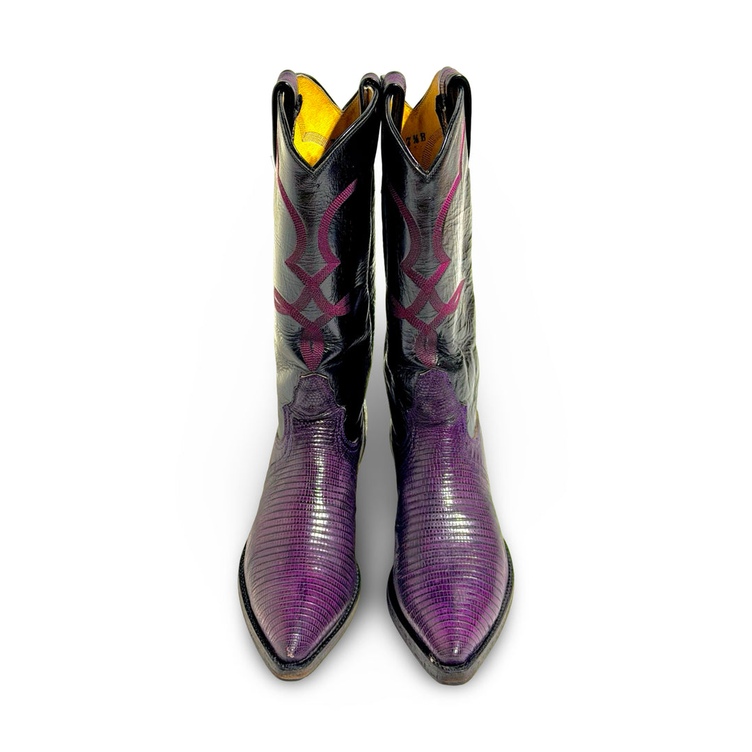 1970’S LARRY MAHAN MADE IN USA PURPLE LIZARD LEATHER CONTRAST BLACK EMBROIDERED POINTED TOE WESTERN COWBOY BOOTS WOMEN’S 7.5