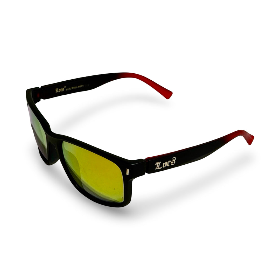 2000’S LOCS BLACK WITH RED FADE ACETATE WAYFARER FRAME WITH REFLECTIVE YELLOW LENSE SUNGLASSES