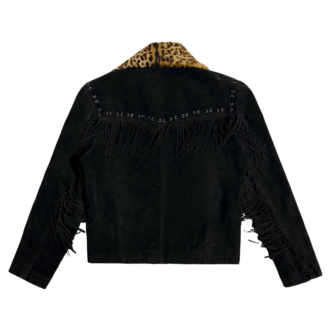 1980’S SCULLY MADE IN USA CROPPED REMOVABLE LEOPARD PRINT PONY COLLAR BRUSHED BLACK SUEDE LEATHER FRINGED WESTERN JACKET LARGE