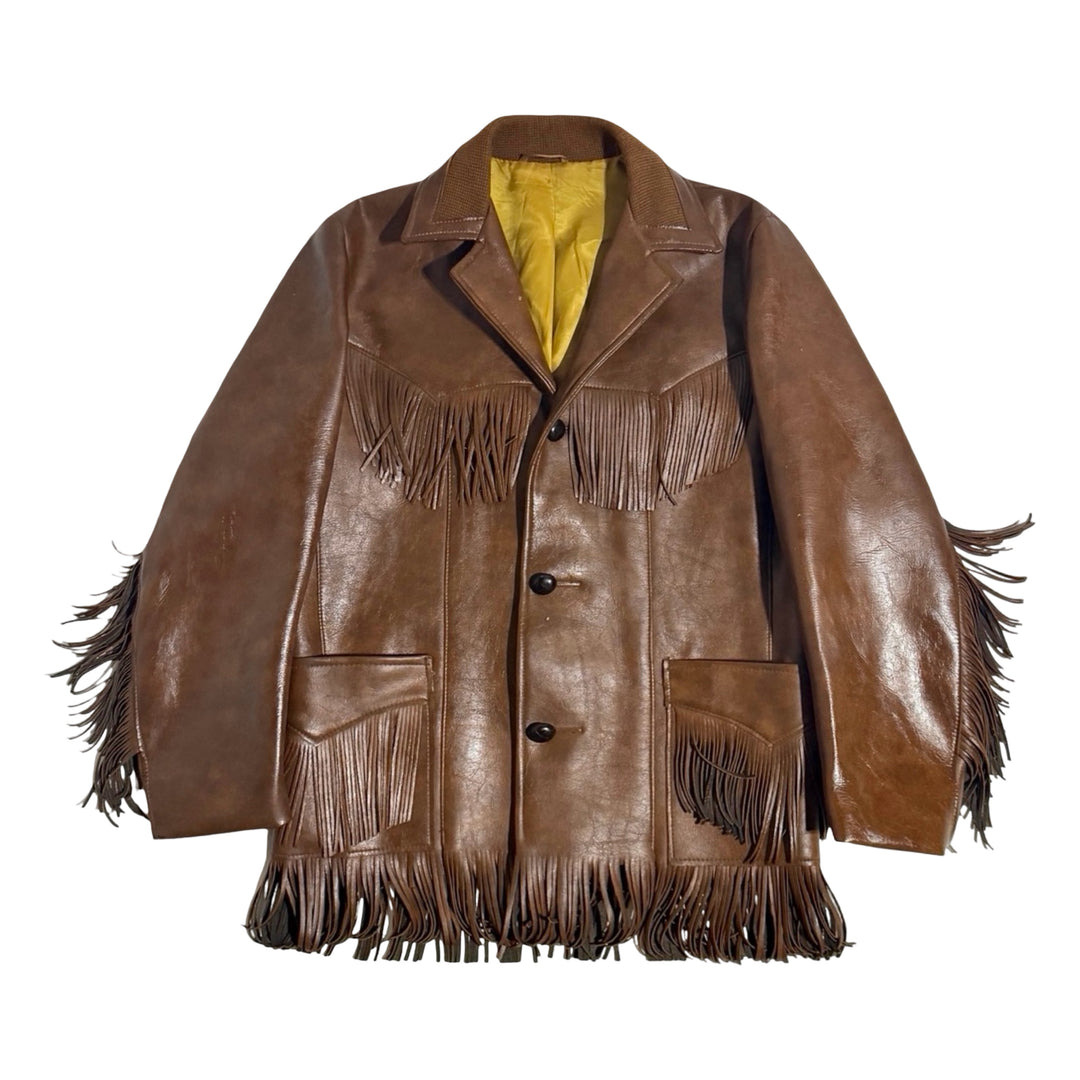 1960’S PIONEER WEAR MADE IN USA CROPPED REPAIRED LINED FAUX LEATHER WESTERN FRINGE JACKET MEDIUM