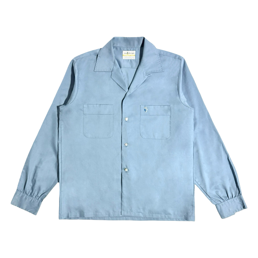 1960’S MAC PHERGUS MADE IN USA CROPPED EMBROIDERED CREST SELVEDGE LOOP COLLAR L/S B.D. SHIRT LARGE
