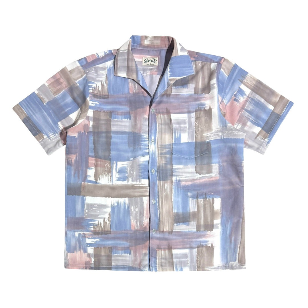 1970’S ARNIE MADE IN USA CROPPED PASTEL PRINT CAMP COLLAR S/S B.D. SHIRT LARGE
