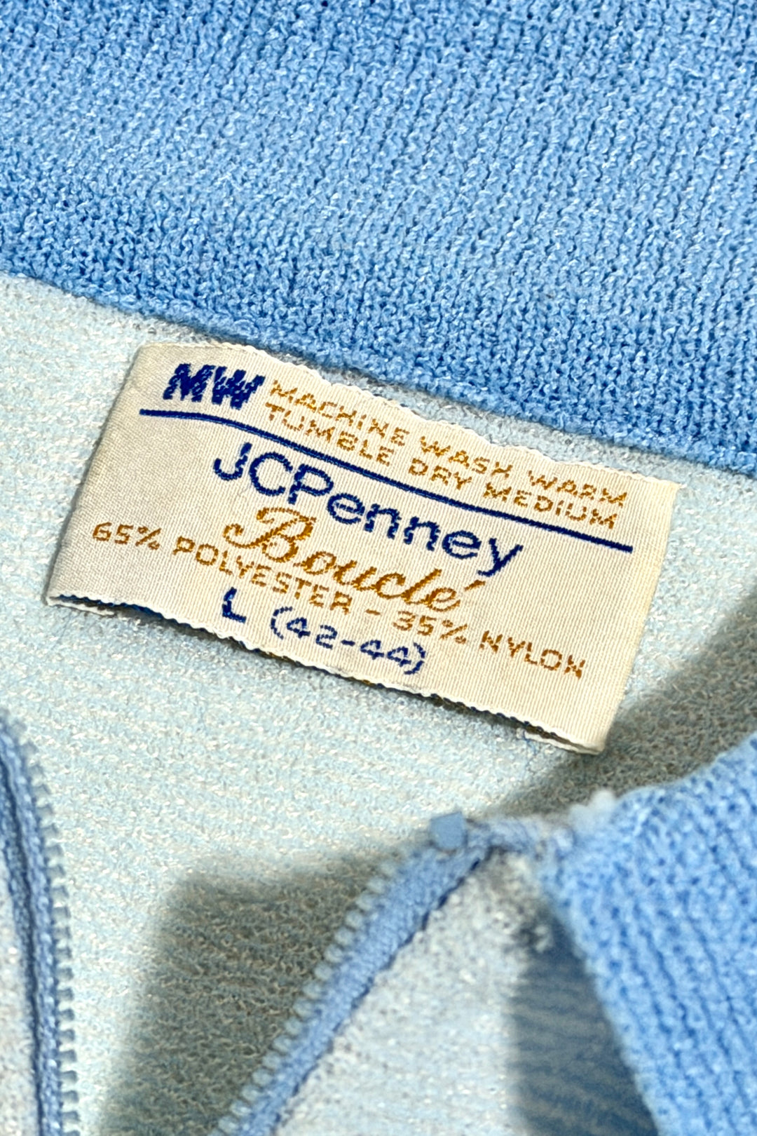 1960’S PENNEY’S MADE IN USA CROPPED BOUCLÉ KNIT LIGHT BLUE CONTRAST ZIP S/S B.D. POLO SHIRT LARGE